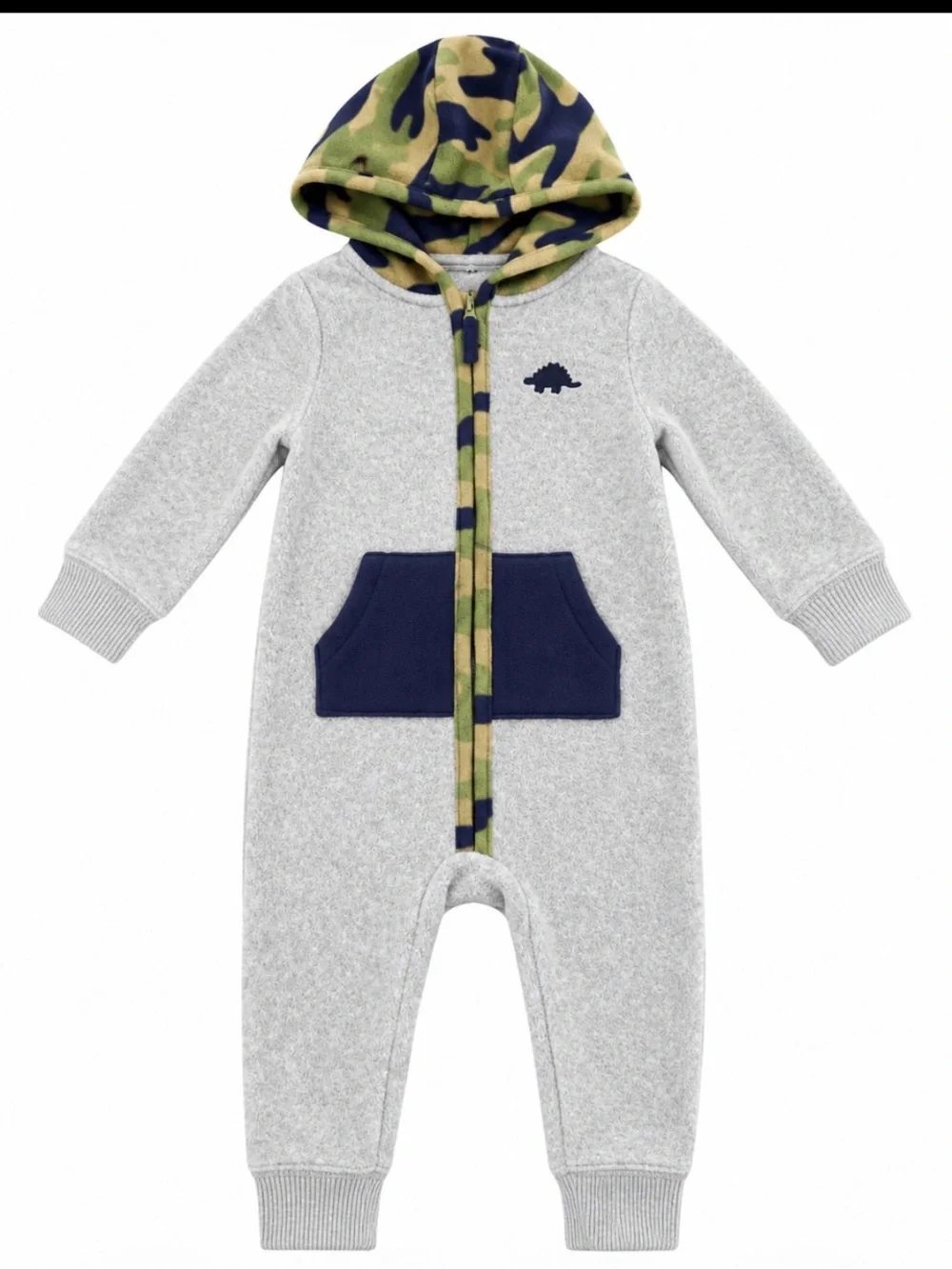 Carter's Gray Fleece Romper with Camo Hood Trim and Navy Edge